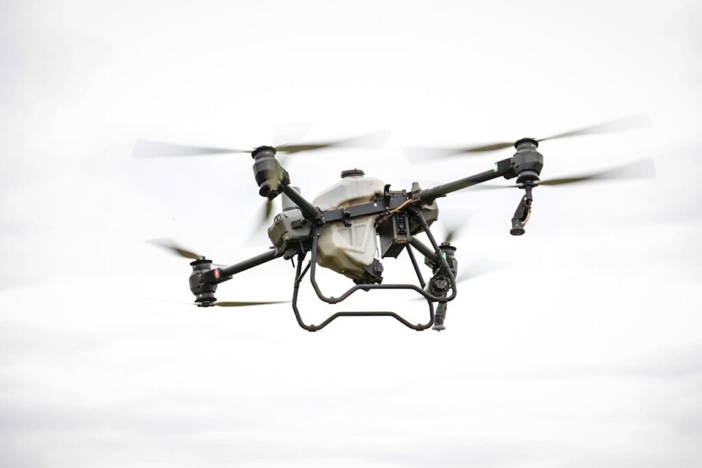 High-tech drone used for agricultural purposes, showcasing modern farming technology.